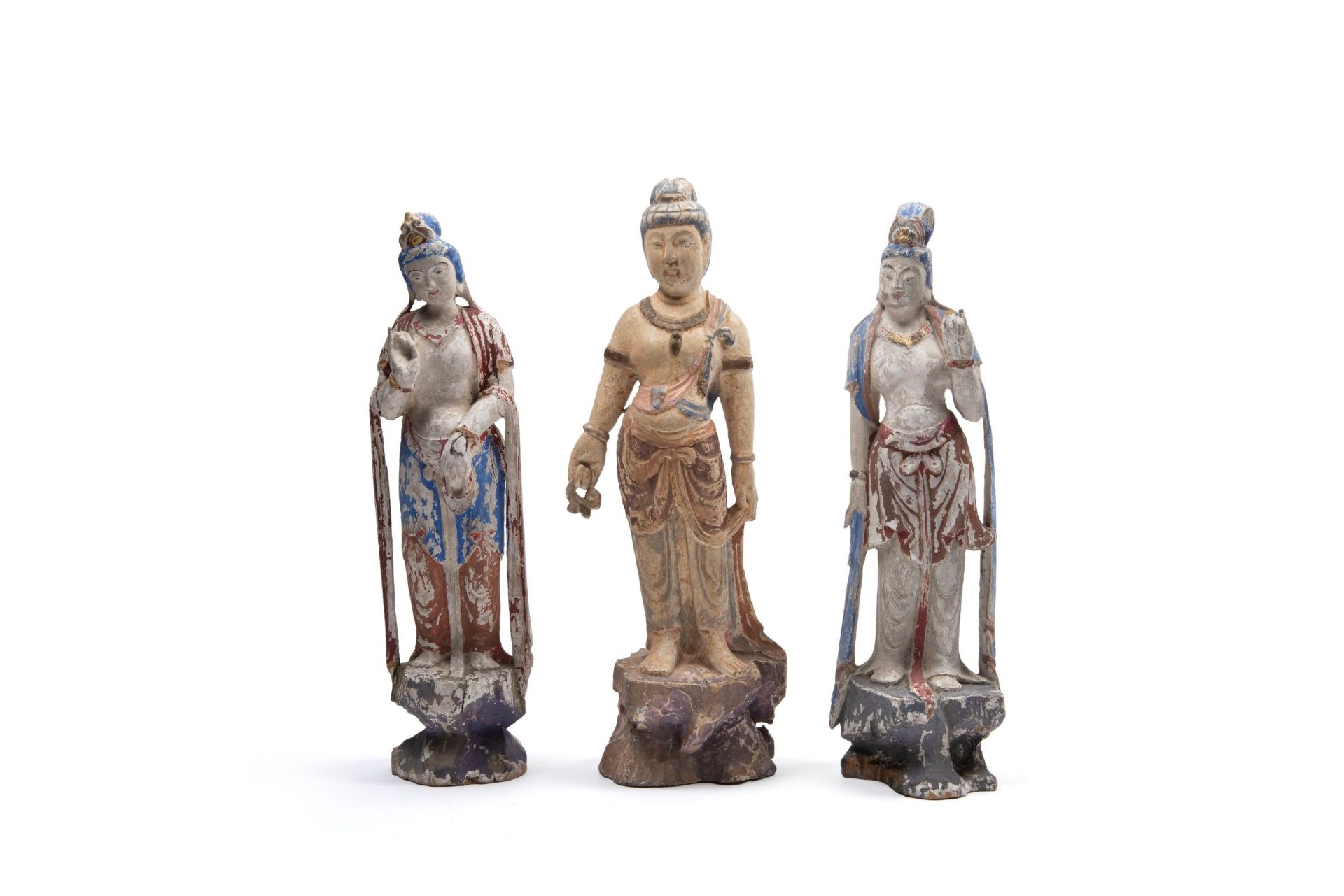 THREE POLYCHROME LACQUERED WOOD SCULPTURES DEPICTING TWO GUANYIN FIGURES AND ONE MALE FIGURE, China,