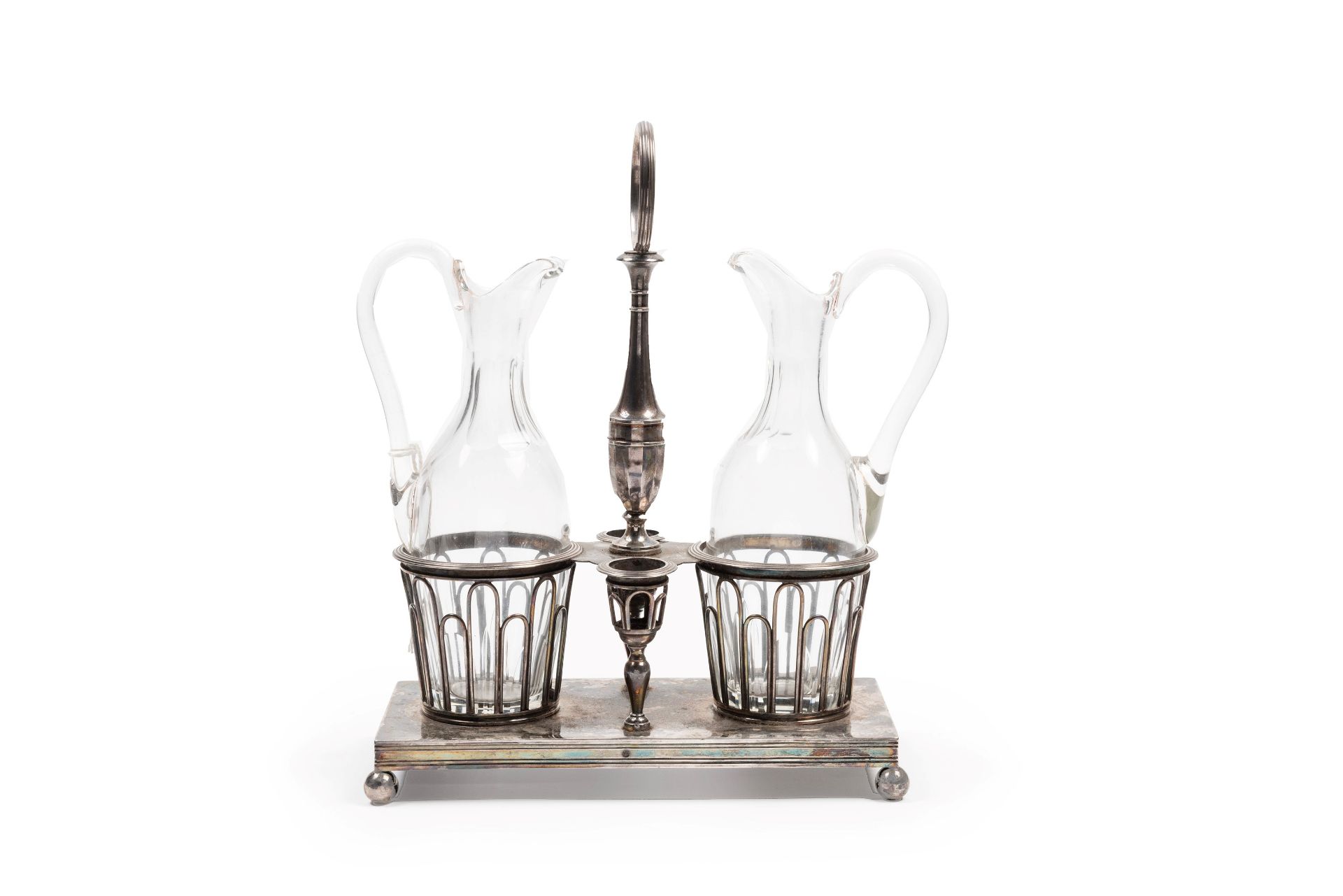 SILVER CRUET SET WITH CRYSTAL BOTTLES, France, 19th century