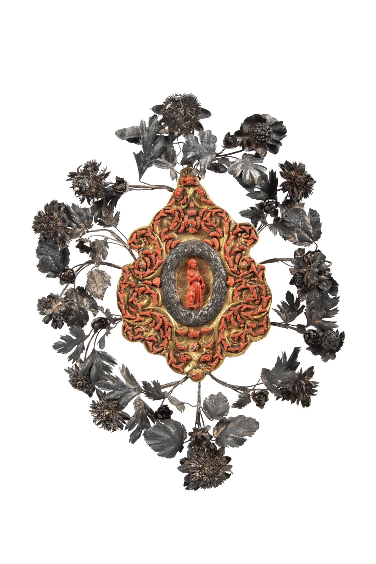 â˜¼A RELIQUARY IN CORAL, GILT COPPER, AND SILVER, Trapani, XVIII century