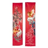 TWO EMBROIDERIES ON RED SILK, China, 20th century