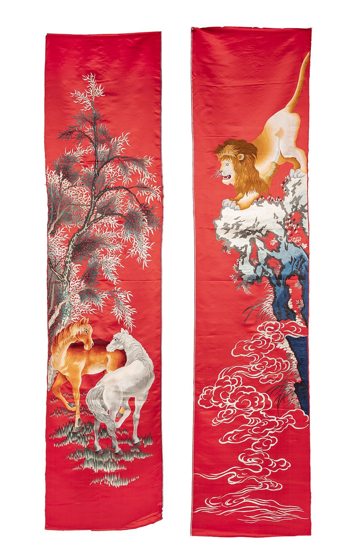 TWO EMBROIDERIES ON RED SILK, China, 20th century