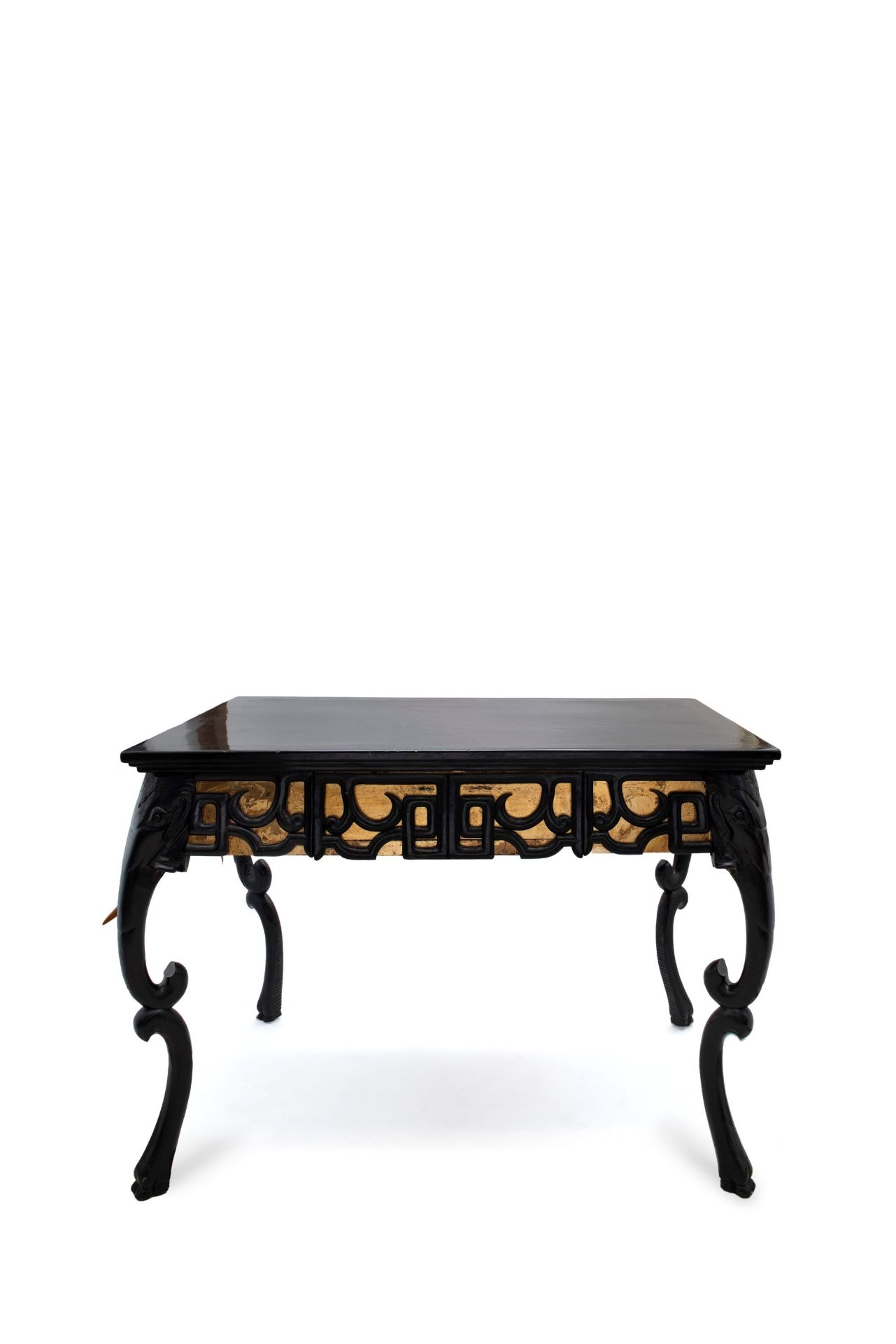 BLACK LACQUERED WOOD TABLE IN ECLECTIC STYLE, 20th century