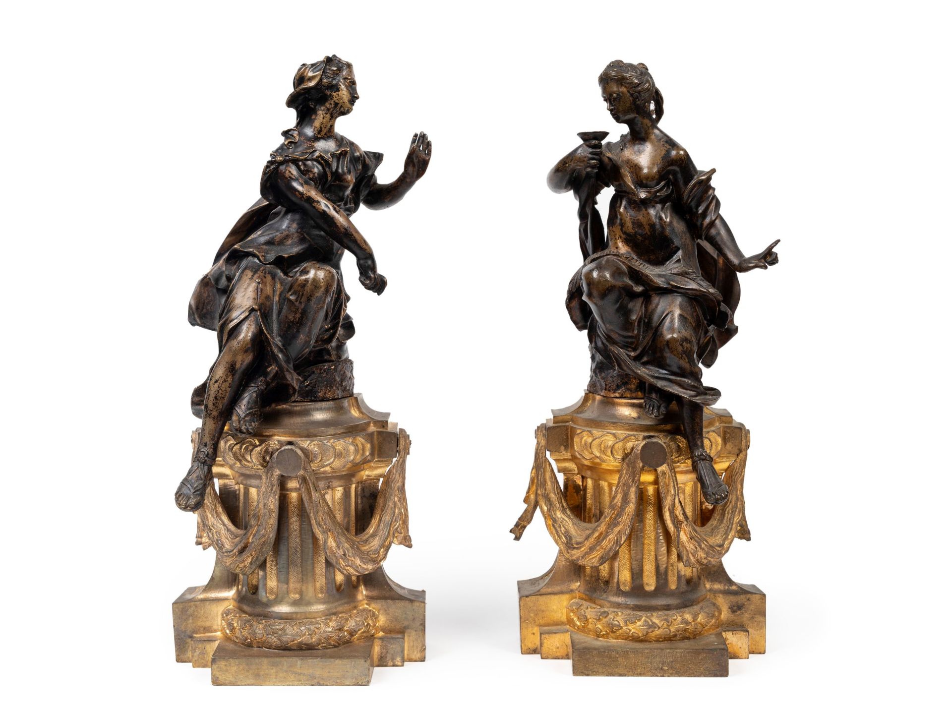 PAIR OF GILT AND PATINATED BRONZE ANDIRON FINIALS, 19th century