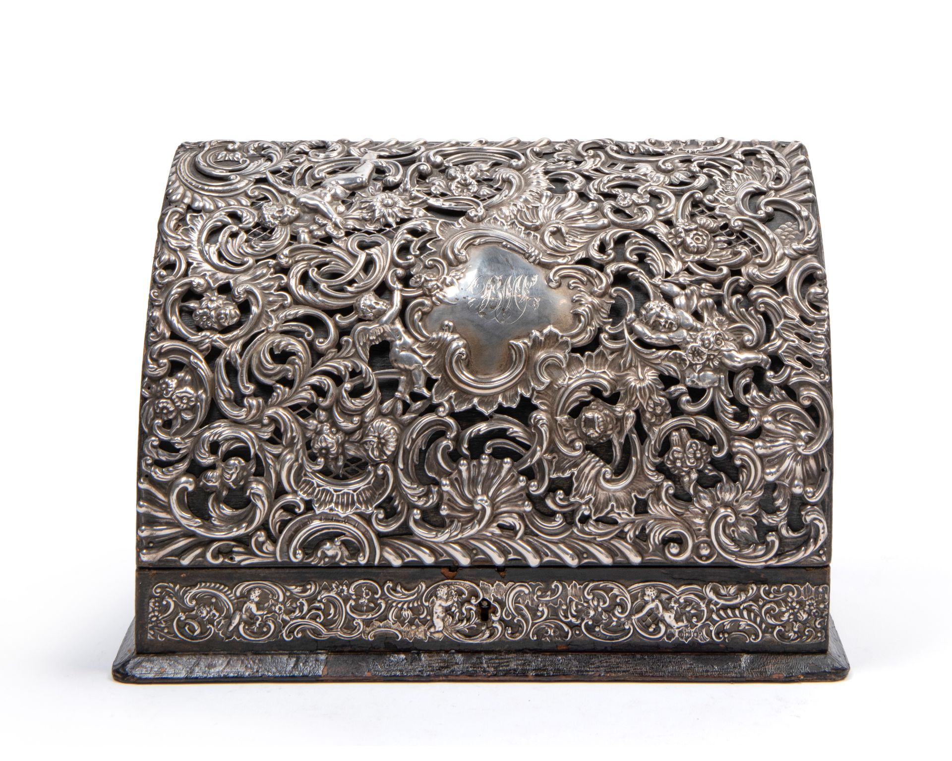 LEATHER LETTER HOLDER WITH EMBOSSED SILVER FRONT, London, early 20th century