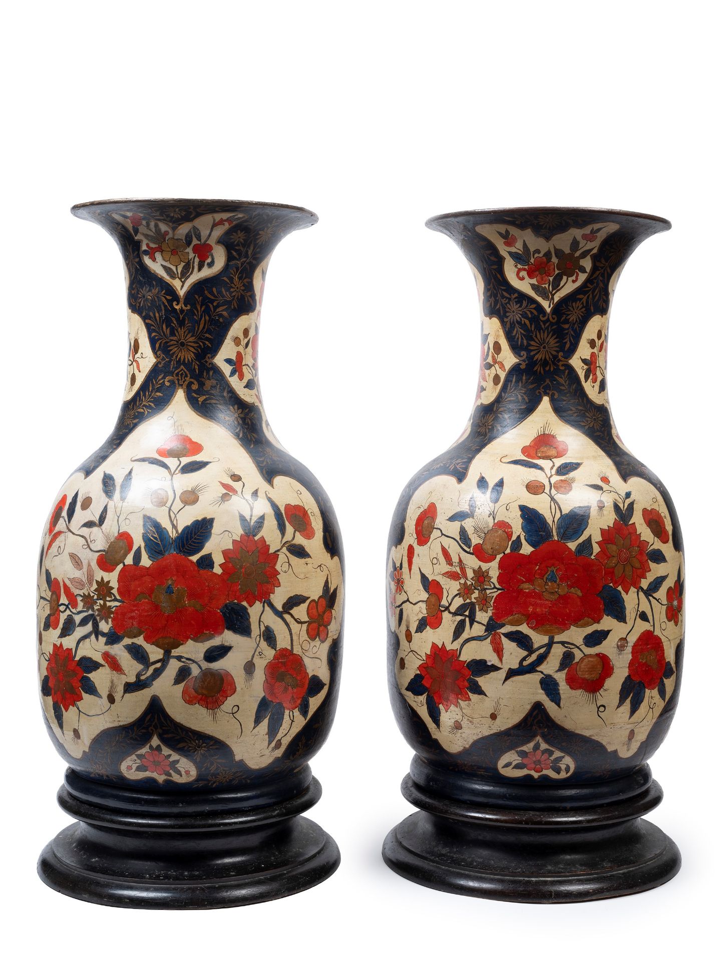 A PAIR OF LARGE LACQUERED TERRACOTTA VASES PAINTED IN CHINOISERIE, Piedmont, 18th century