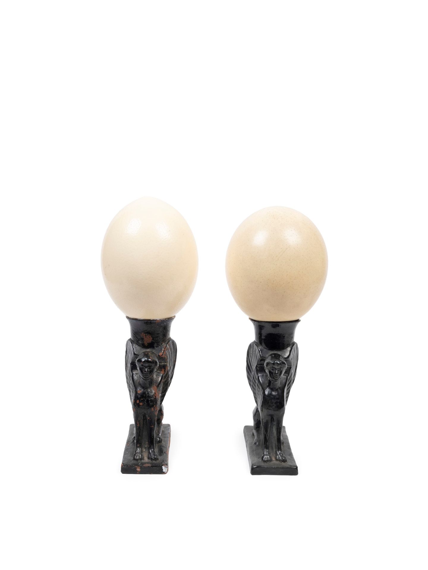 PAIR OF CERAMIC SPHINXES WITH OSTRICH EGGS, 19th century
