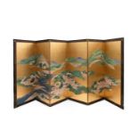 A PAINTED SIX-PANEL PAPER AND GOLD-LEAF SCREEN, Japan, Meiji period (1868-1912)