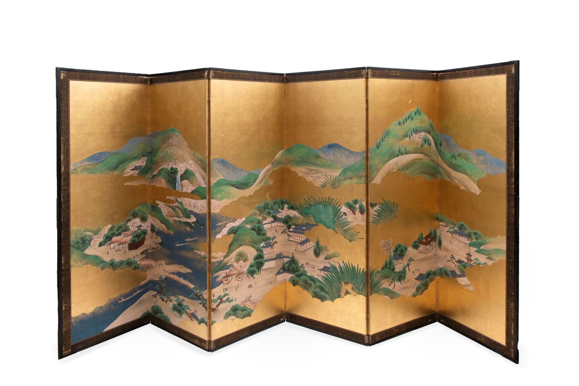 A PAINTED SIX-PANEL PAPER AND GOLD-LEAF SCREEN, Japan, Meiji period (1868-1912)
