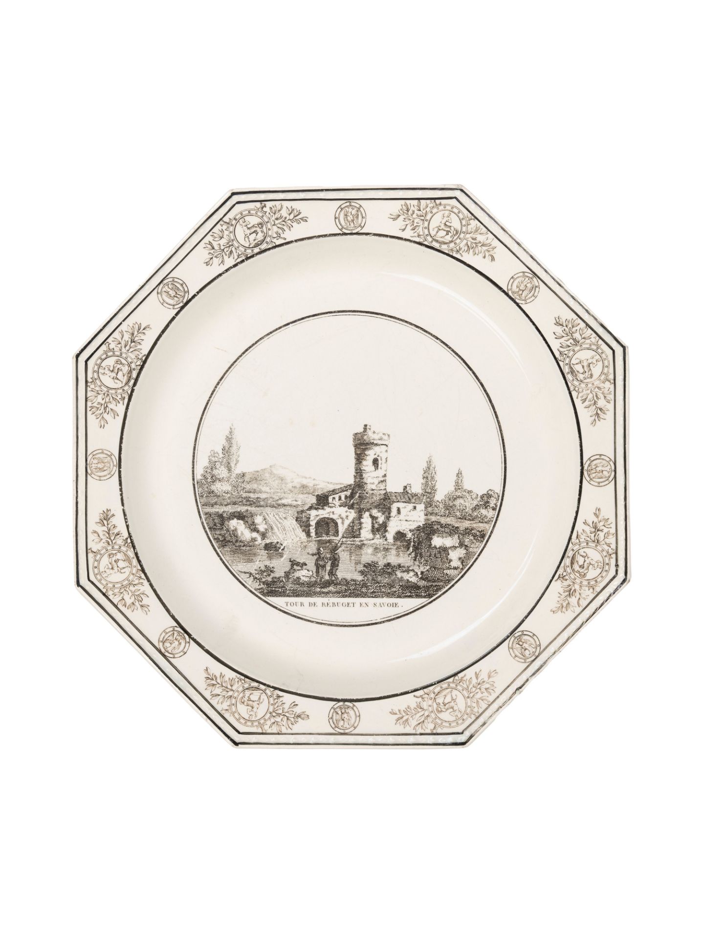 FIFTEEN MAIOLICA SAUCER PLATES WITH VIEWS AND ONE WITH A FLOWER, Montereau Faience, early 20th centu - Bild 16 aus 18