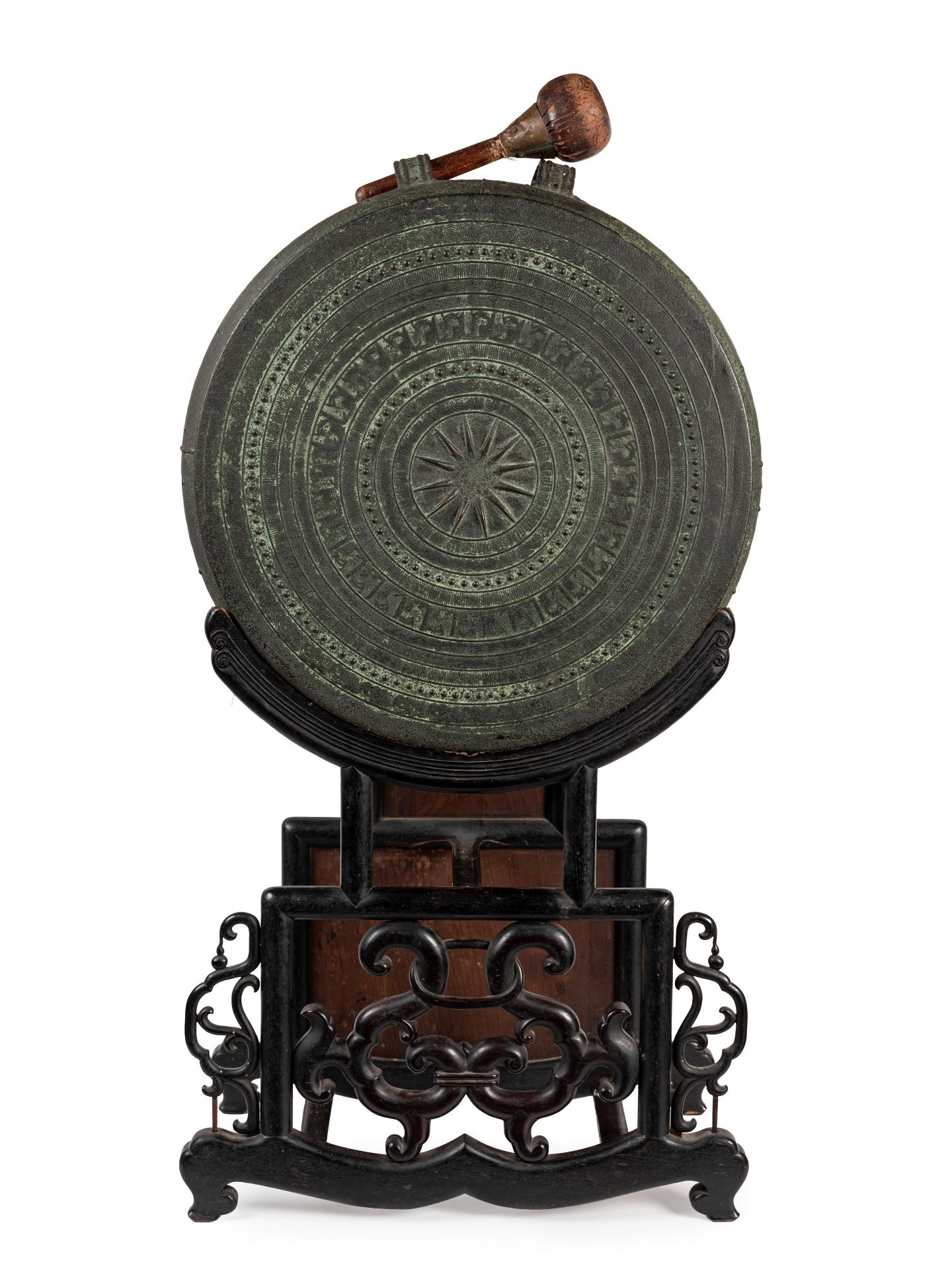 A GONG WITH DRUMSTICK AND STAND IN WOOD, China, possibly Han (206 b.C-220 a.d.)