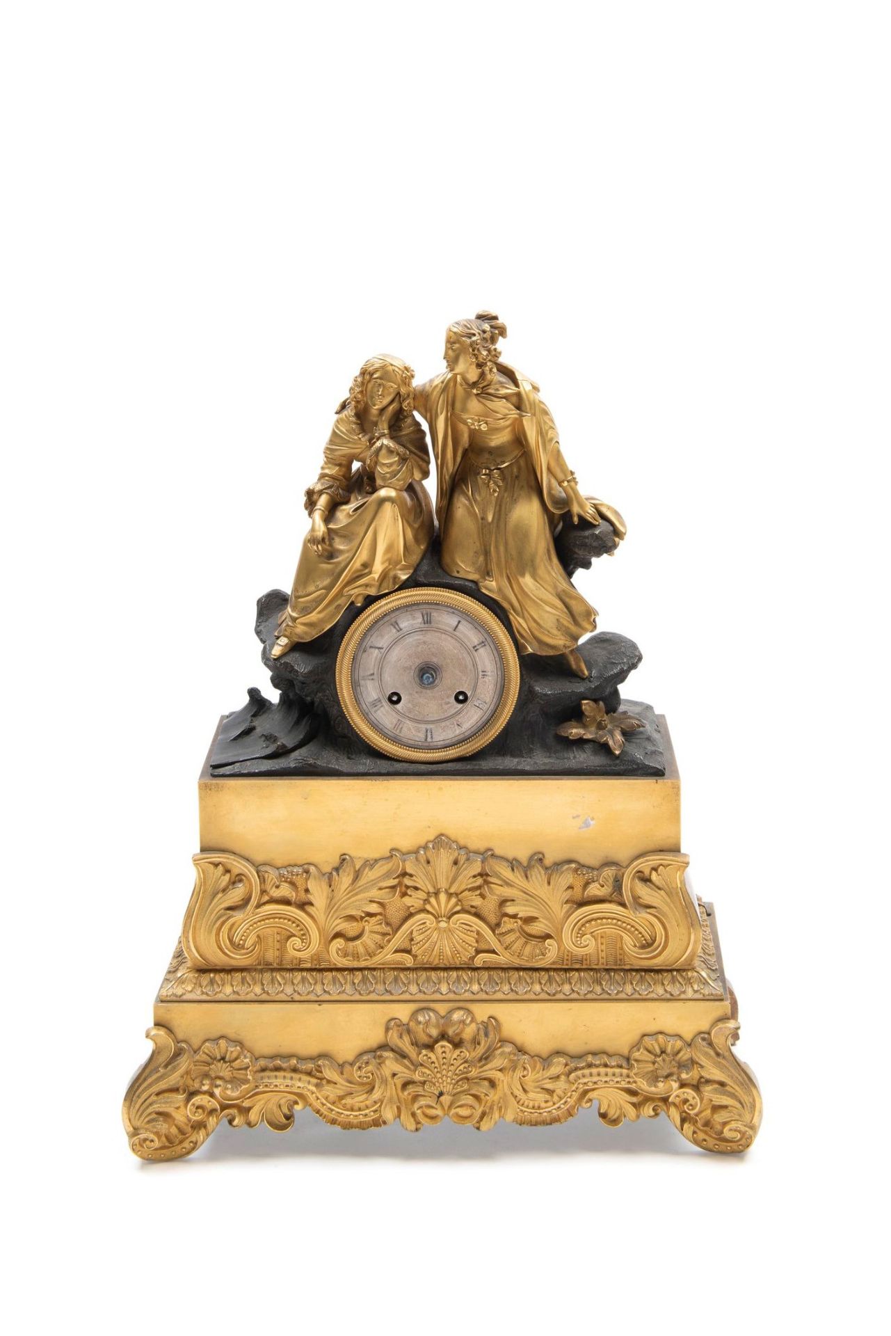 CHARLES X MANTEL CLOCK IN GILT AND DARK-PATINATED BRONZE, France, 19th century