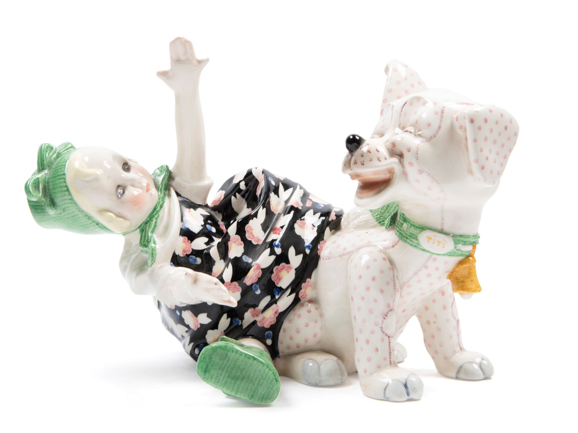 POLYCHROME EARTHENWARE SCULPTURE DEPICTING A GIRL WITH THE LITTLE DOG â€œTITIâ€™â€, Turin, 20th cen