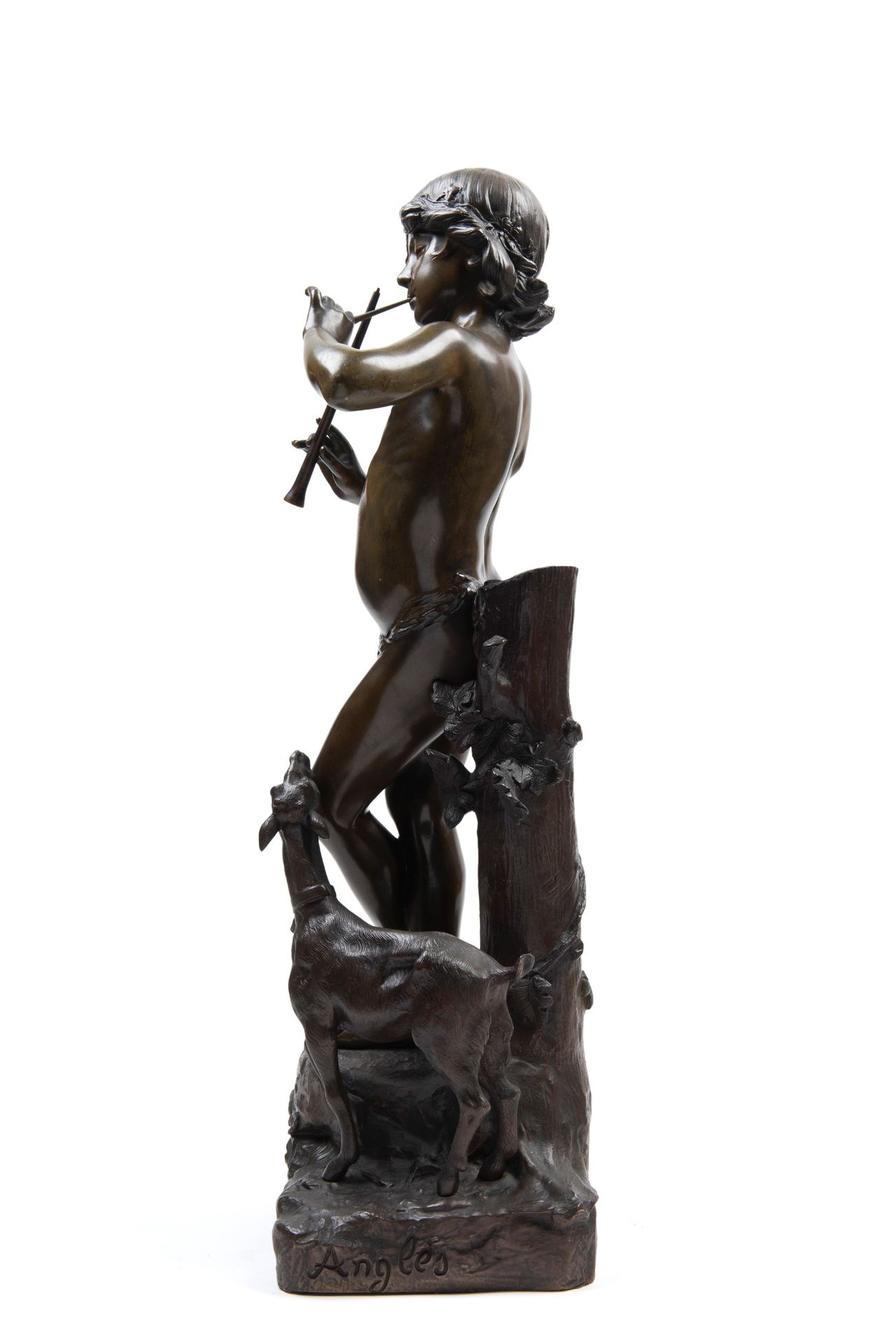 BRONZE SCULPTURE DEPICTING A YOUNG SHEPHERD WITH THE GOAT â€œIDYLLEâ€, France, 19th century - Bild 2 aus 3