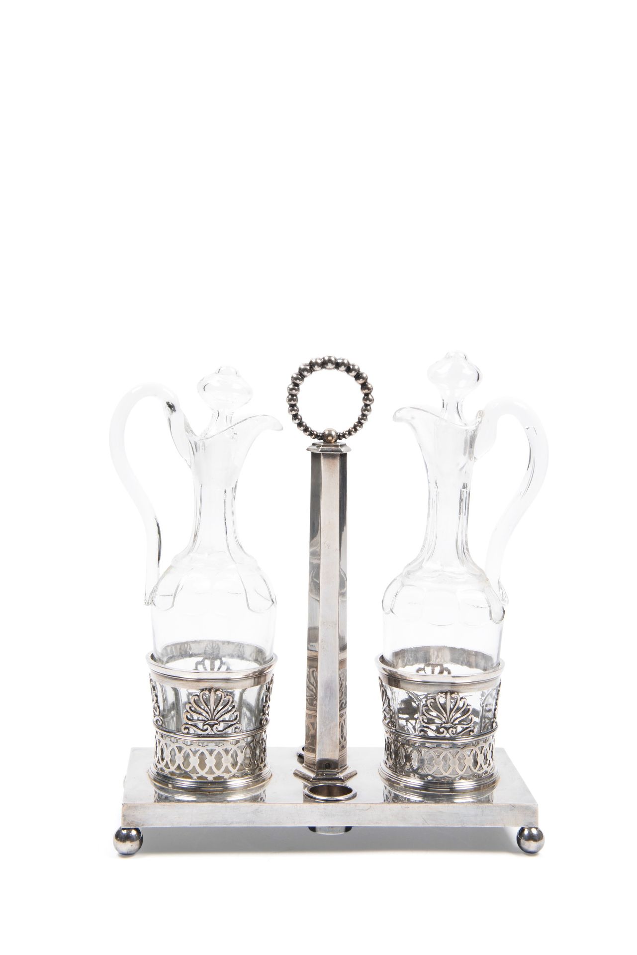 SILVER CRUET SET WITH CRYSTAL BOTTLES, France, 19th century