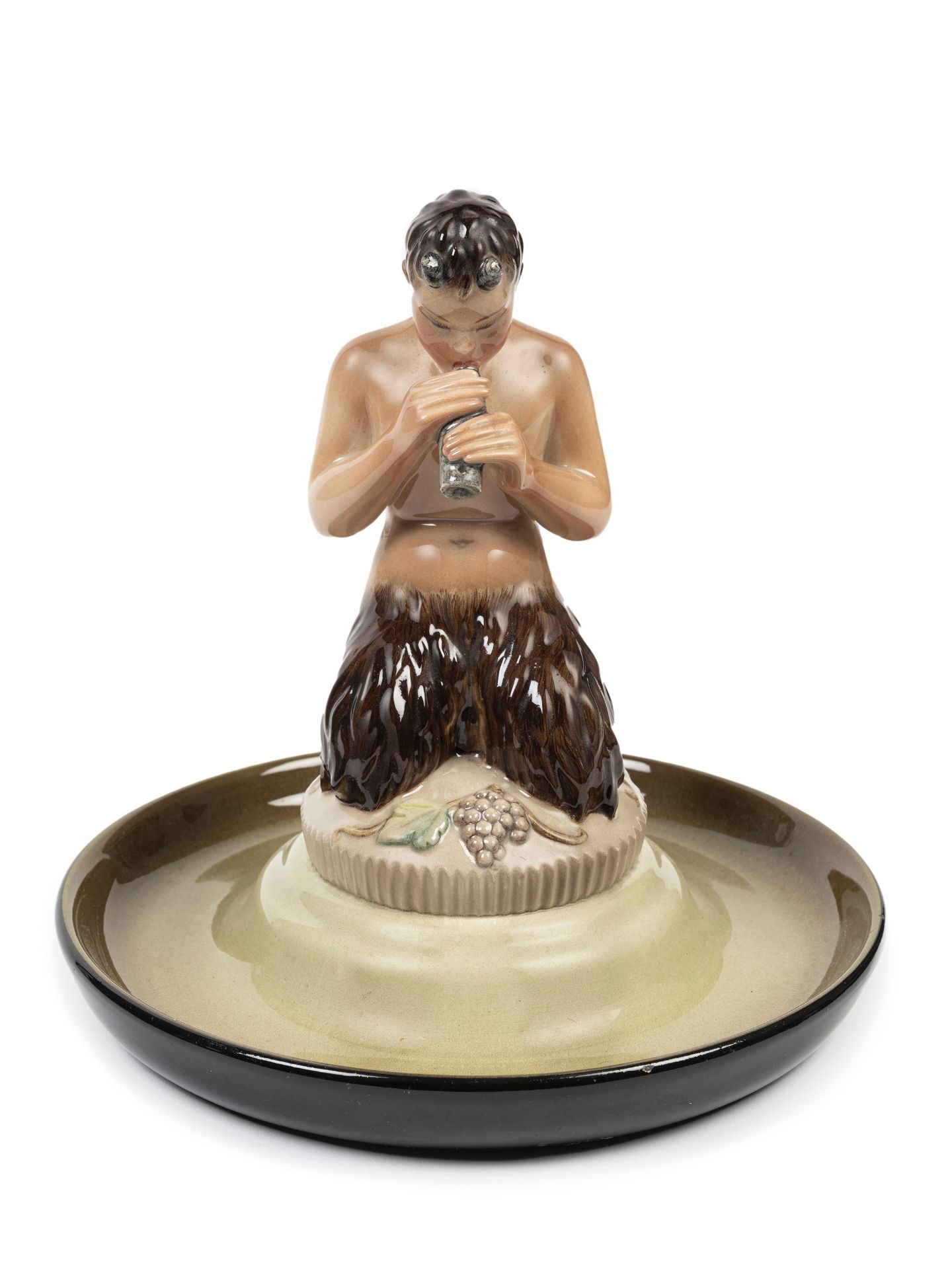 POLYCHROME EARTHENWARE SCULPTURE DEPICTING FAUN PLAYING ON A PLATE, Turin, 20th century