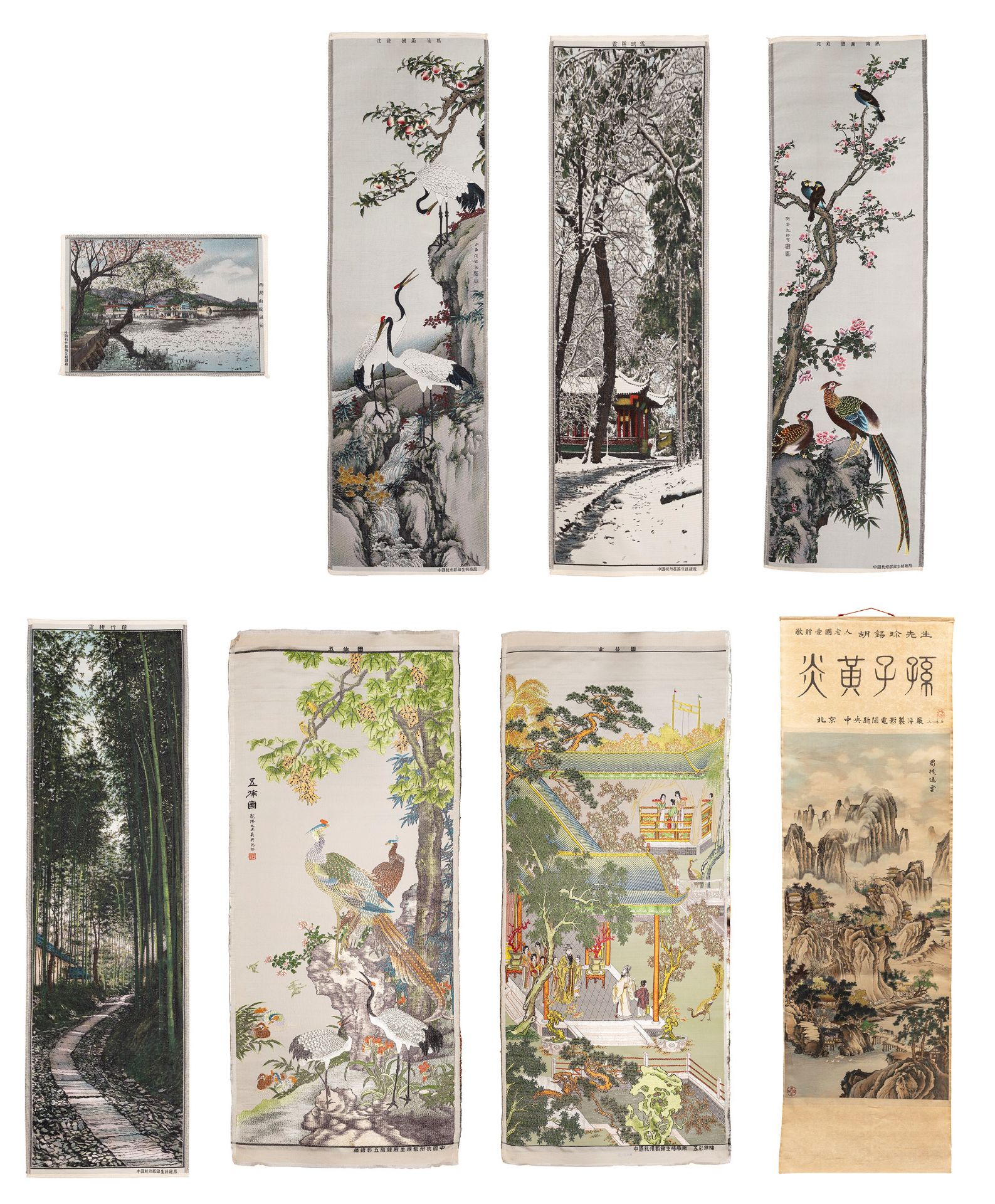 EIGHT SILK EMBROIDERIES, China, 20th century