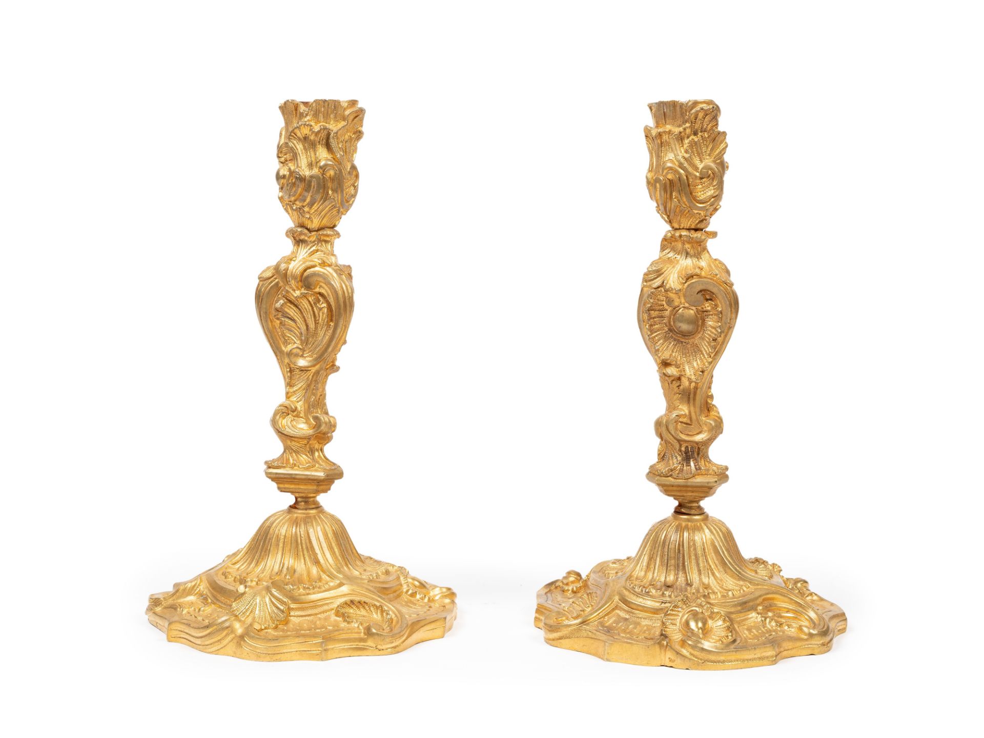 A PAIR OF GILT BRONZE CANDLESTICKS IN THE LOUIS XV STYLE., 19th century