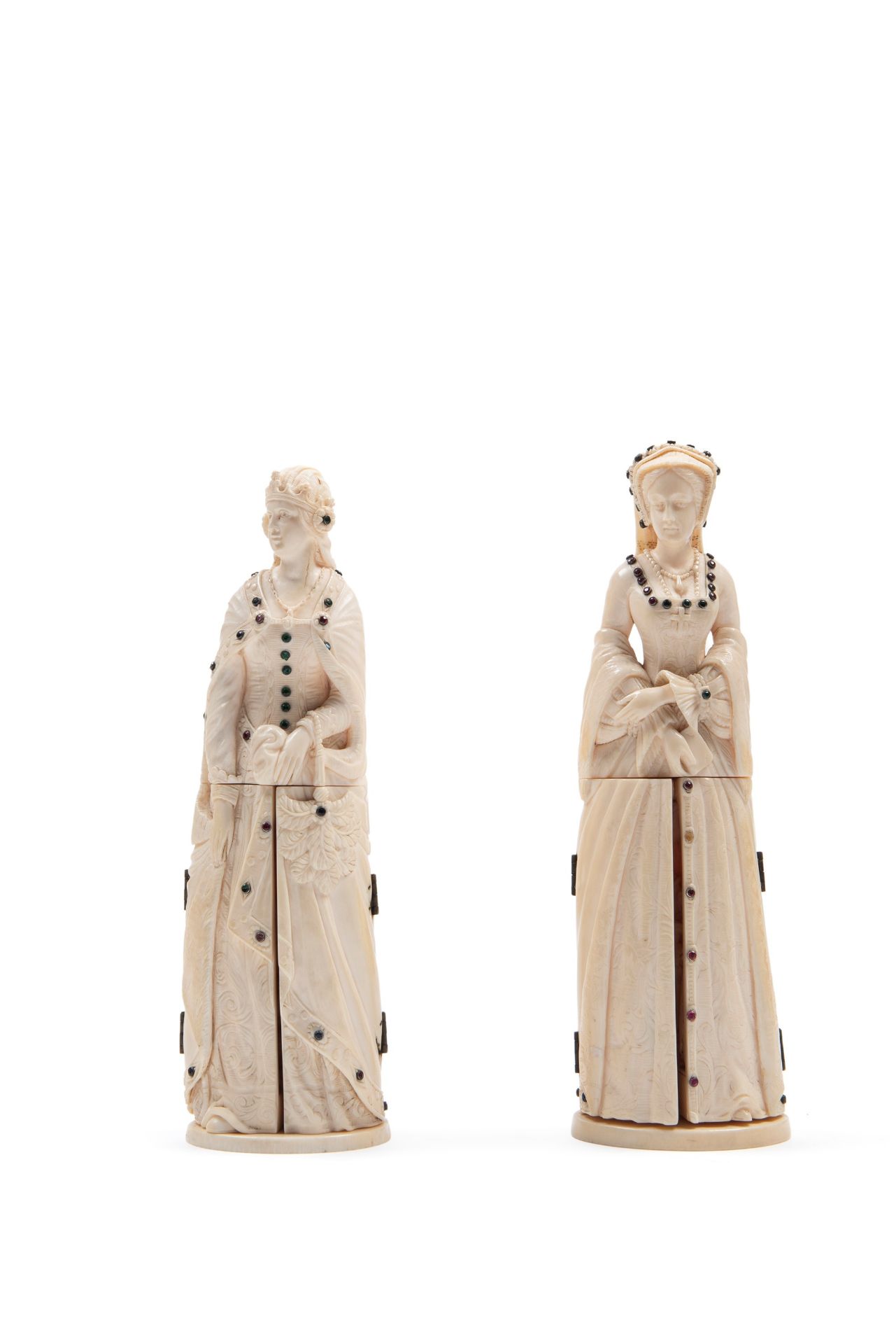 â˜¼TWO IVORY SCULPTURES DEPICTING NOBLEWOMEN, Dieppe School, 19th century