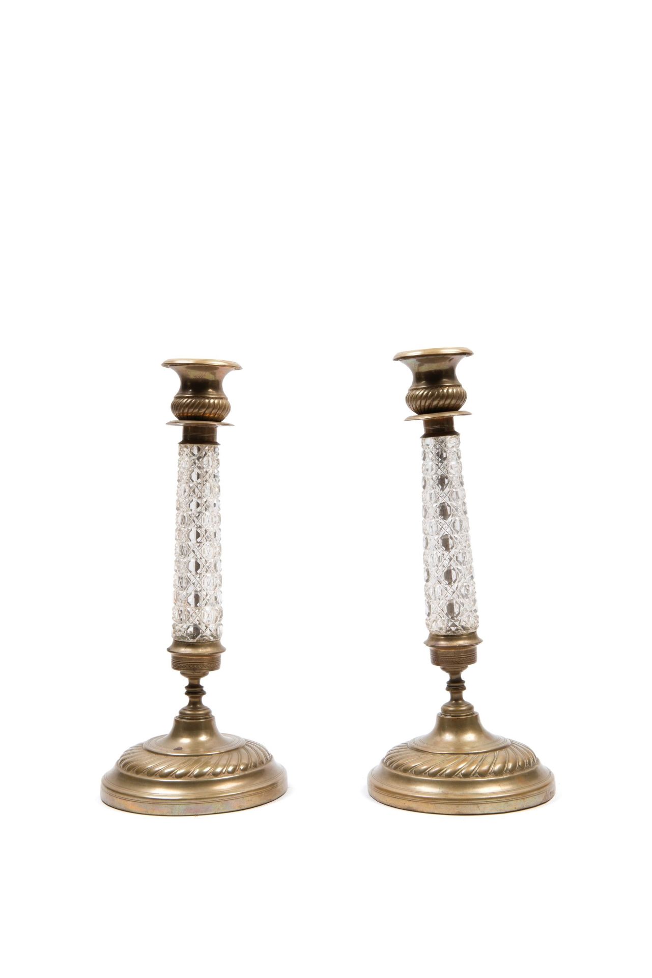 TWO CUT GLASS AND BRASS CANDLESTICKS, Russia,  19th century