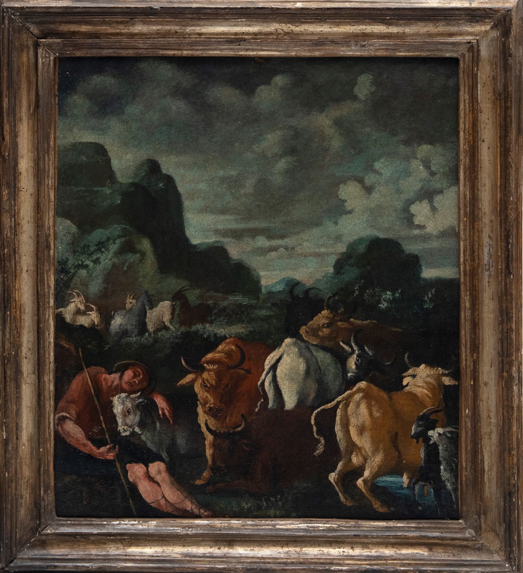 LANDSCAPE WITH A SLEEPING SHEPHERD AND HERDS, Foreign painter active in Rome, 17th century