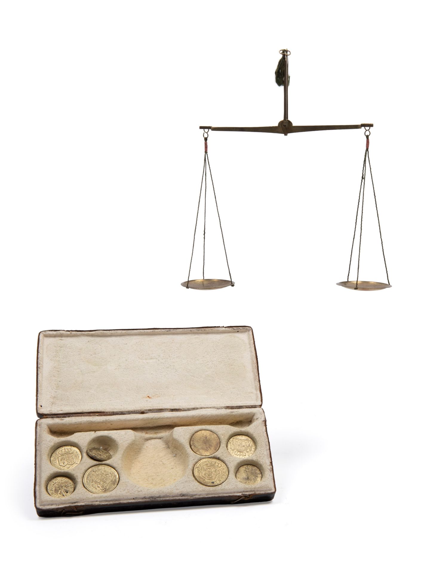 BRONZE COIN SCALE IN LEATHER CASE, Inizi secolo XIX