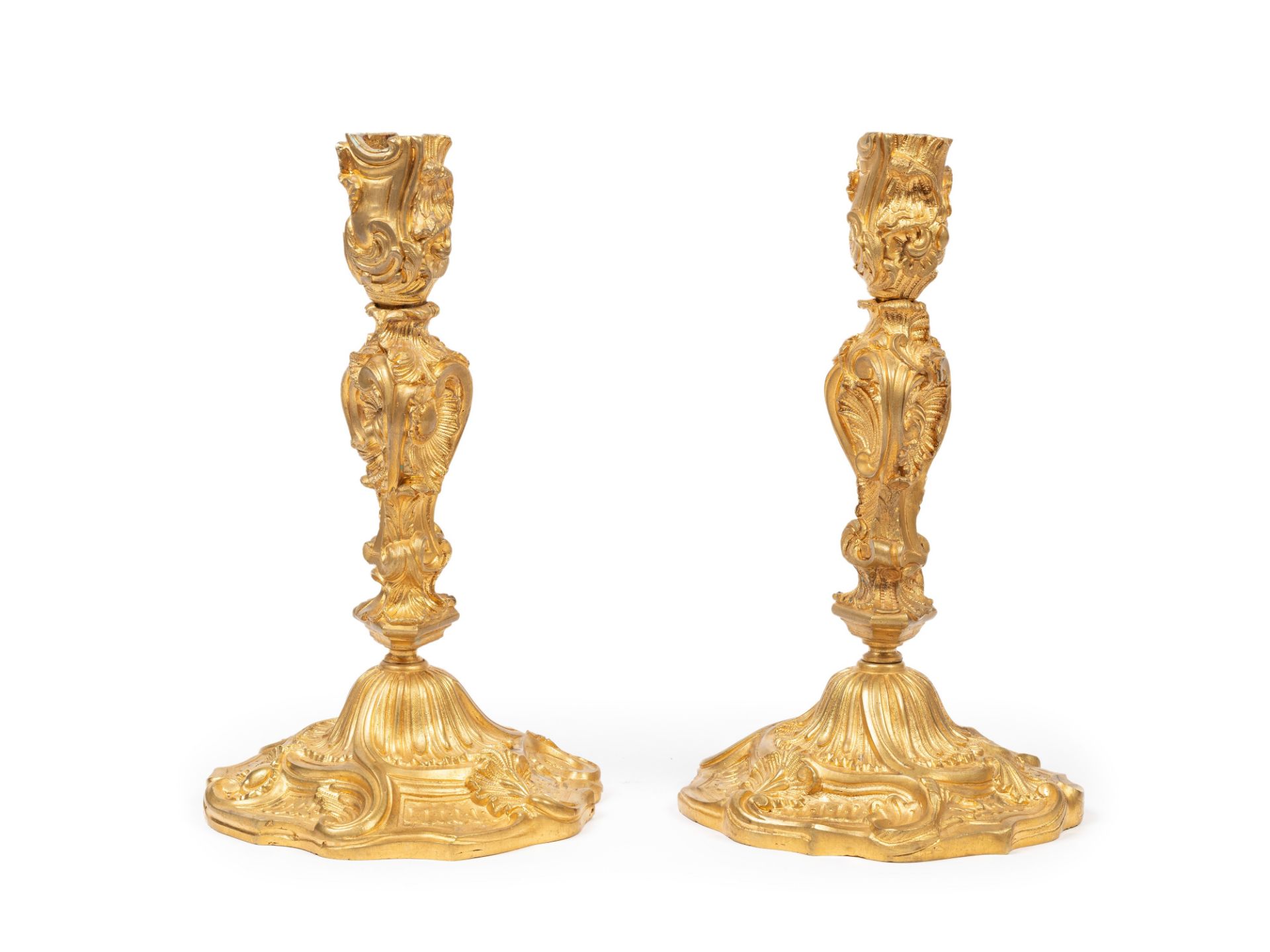 A PAIR OF GILT BRONZE CANDLESTICKS IN THE LOUIS XV STYLE., 19th century - Bild 2 aus 2
