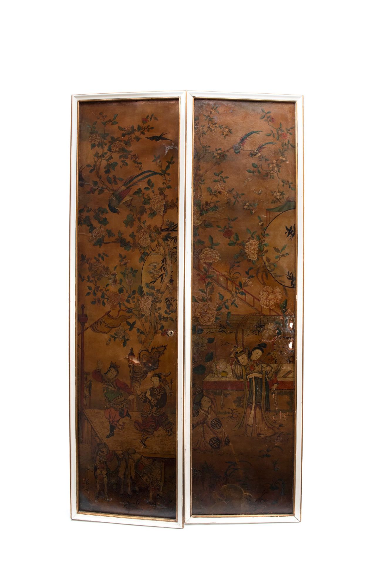 PAIR OF CHINOISERIE PAINTED LEATHER PANELS, 18th/19th century