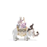 POLYCHROME PORCELAIN SCULPTURE DEPICTING A SULTAN WITH ATTENDANT ON AN ELEPHANT, Germany, 20th centu
