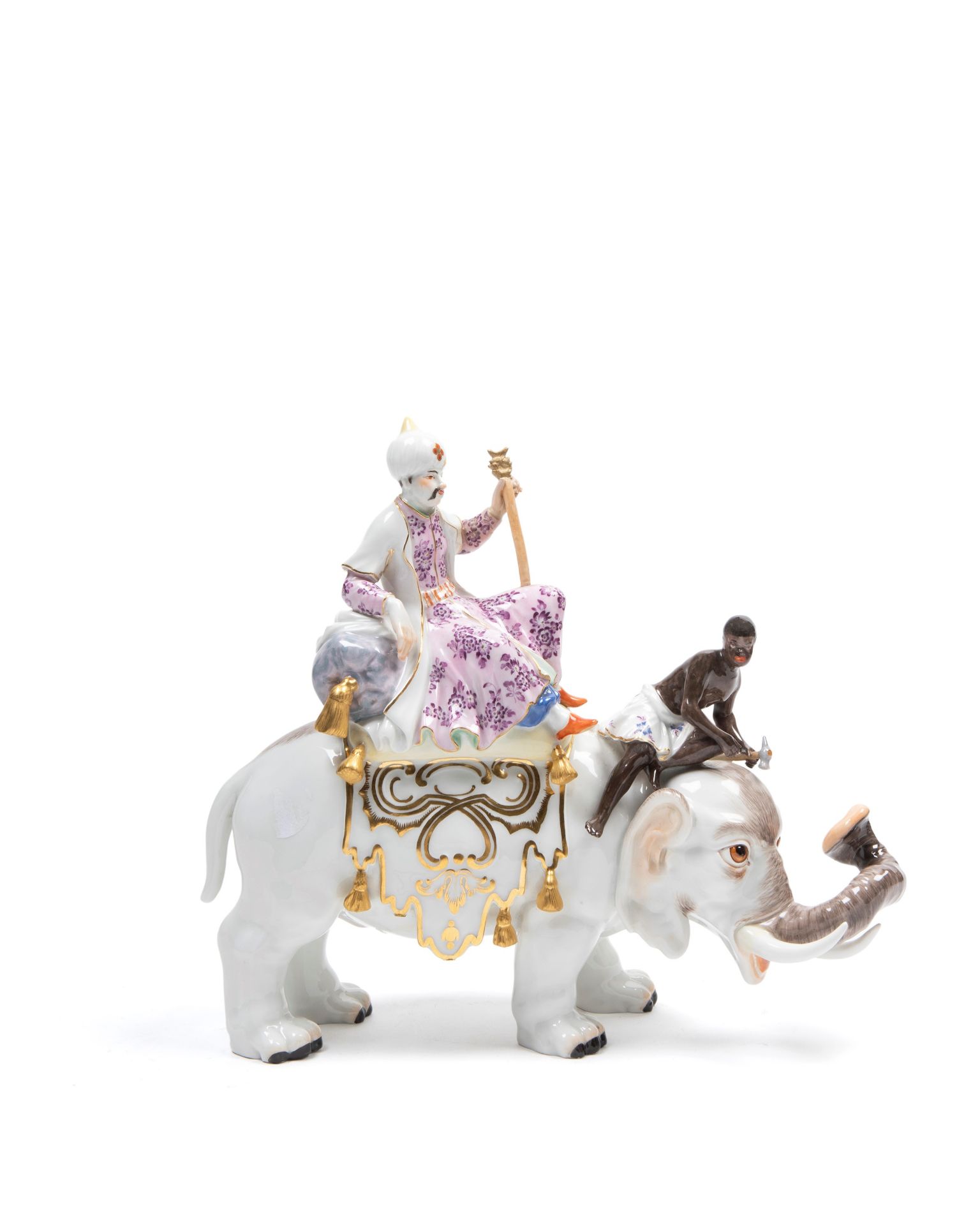 POLYCHROME PORCELAIN SCULPTURE DEPICTING A SULTAN WITH ATTENDANT ON AN ELEPHANT, Germany, 20th centu