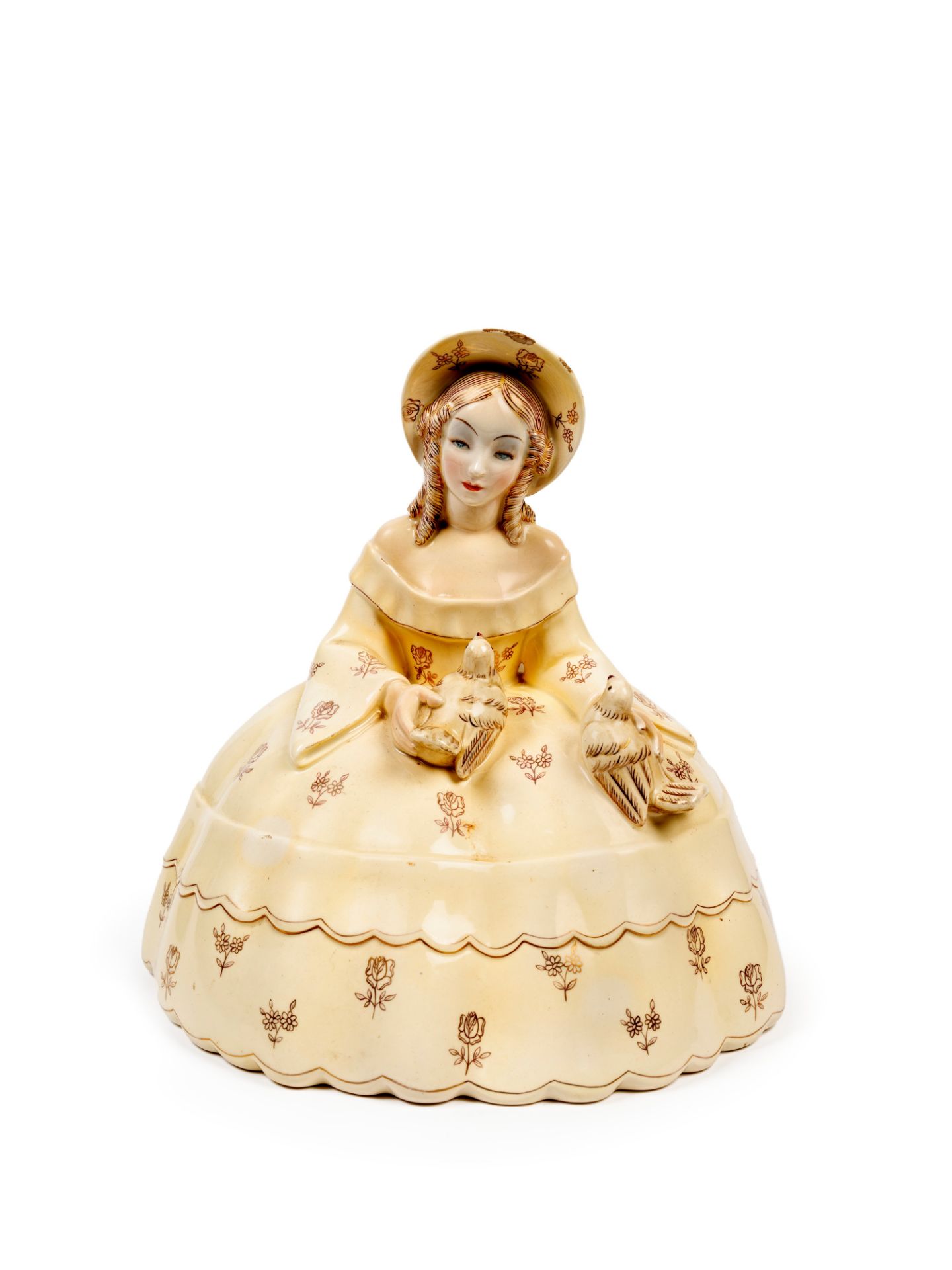 POLYCHROME EARTHENWARE SCULPTURE DEPICTING LADY WITH DOVES, Turin, 20th century