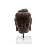 ANCIENT THAI STONE SCULPTURE DEPICTING A HEAD OF BUDDHA,