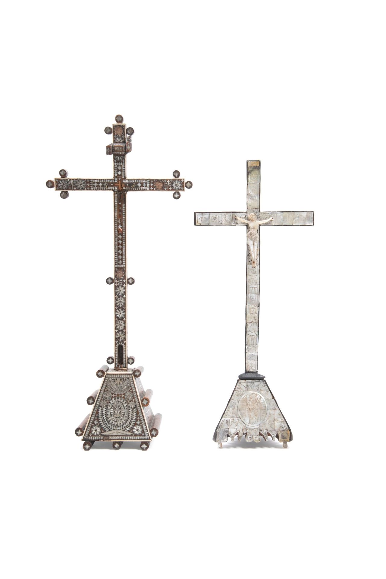 TWO CRUCIFIXES IN WOOD AND MOTHER-OF-PEARL, Jerusalem, 19th century