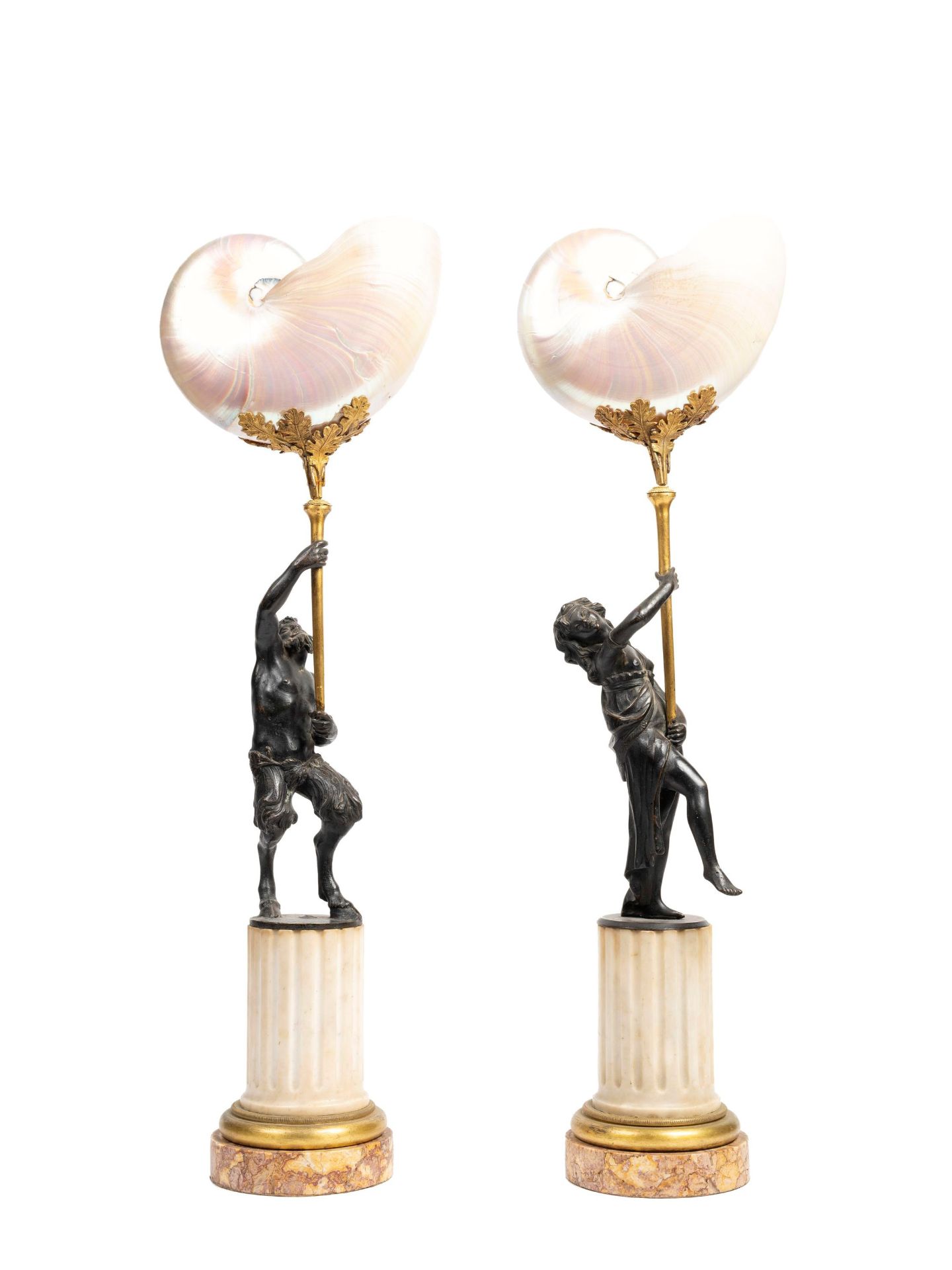 PAIR OF NAUTILUS SHELLS MOUNTED IN BRONZE AND MARBLE, 19th century