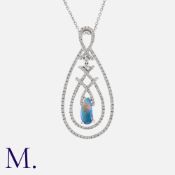 An Opal And Diamond Pendant Necklace in 18k white gold, comprising a diamond set drop, set centrally