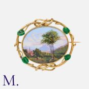 An Antique Swiss Enamel Brooch in 18ct yellow gold, set with an oval plaque enamelled with a