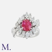 A Burma No Heat Ruby and Diamond Cluster Ring