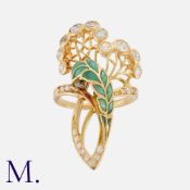 An Art Nouveau Enamel and Diamond Ring in 18K yellow gold, set with round cut diamonds to an