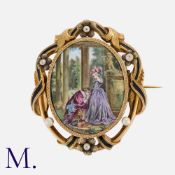 An Enamel And Miniature Pearl Brooch in yellow gold, set with an enamel miniature within a border of
