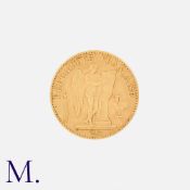 1878 French 20 Francs Gold Coin, Guardian Angel Genius writing the constitution on a blank tablet