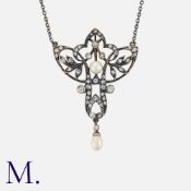 A Diamond and Pearl Pendant with Chain in silver with gold back, set with round cut diamonds, a