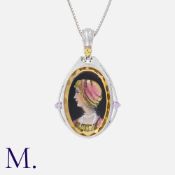 An Enamel Miniature Pendant Necklace in 18k white gold, set with an enamel miniature signed C.
