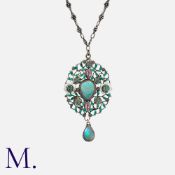 GASKIN. An Arts And Crafts Enamel, Opal, Emerald And Pink Tourmaline Pendant Necklace, Circa 1910.