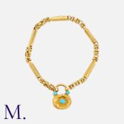 An Antique Turquoise Bracelet in yellow gold, comprising a fancy link bracelet, terminating in a