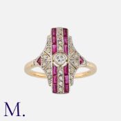 An Art Deco Ruby and Diamond Ring in yellow gold, comprising a central old cut diamond of