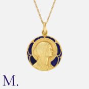 A French Enamel Pendant and Chain in 18K yellow gold with a female depicted to the centre of a