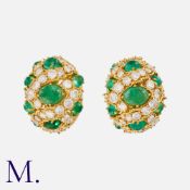 KUTCHINSKY. A Pair of Emerald and Diamond Earrings in 18K yellow gold, set with cabochon emeralds