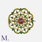 Carlo & Arthur Giuliano, A Spinel and Enamel Brooch, in yellow gold, the delicate openwork body of