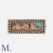 A Georgian Enamel Miniature Brooch featuring three cherubim in a rural scene. Brooch set with pearls
