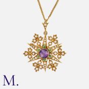An Antique Suffragette Pendant in yellow gold, set with amethyst, peridot and pearl in a pleasant