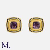 LEO DE VROOMEN, A Pair of Amethyst and Enamel Earclips in 18 carat yellow gold, of square form, each